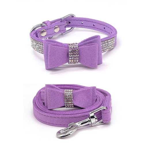 Schillerndes Strass-Hundehalsband mit weichem Stoff und Kristall-Fliege, elegante und glamouröse Welpenhalsbänder für kleine Hunde mit Leine in Hellviolett S von Glanhook