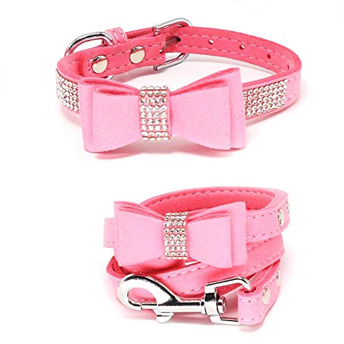 Schillerndes Strass-Hundehalsband mit weichem Stoff und Kristall-Fliege - Elegante und glamouröse Welpenhalsbänder für kleine Hunde mit Leine in Rosa XXS von Glanhook