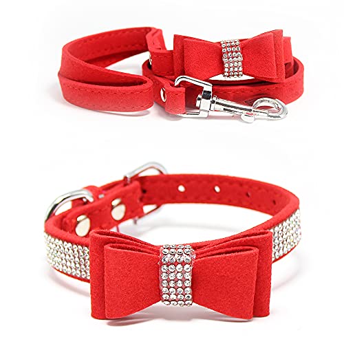 Schillerndes Strass-Hundehalsband mit weichem Stoff und Kristall-Fliege - Elegante und glamouröse Welpenhalsbänder für kleine Hunde mit Leine in Rot L von Glanhook