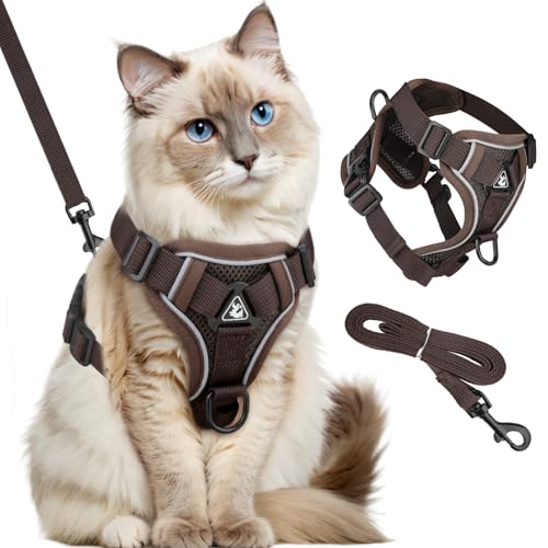 GlasFlength Katzengeschirr mit Leine Ausbruchsicher, Katzenleine mit Geschirr für Katzen Verstellbar Katzen Geschirr Set Cat Harness Softgeschirr für Katze mit Reflektierenden Streifen (Kaffee-S) von GlasFlength