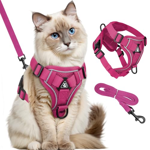 GlasFlength Katzengeschirr mit Leine Ausbruchsicher, Katzenleine mit Geschirr für Katzen Verstellbar Katzen Geschirr Set Cat Harness Softgeschirr für Katze mit Reflektierenden Streifen (Rosenrot-M) von GlasFlength