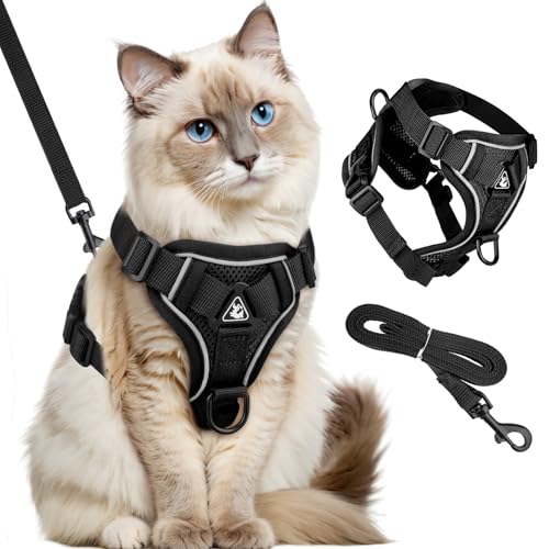 GlasFlength Katzengeschirr mit Leine Ausbruchsicher, Katzenleine mit Geschirr für Katzen Verstellbar Katzen Geschirr Set Cat Harness Softgeschirr für Katze mit Reflektierenden Streifen (Schwarz-M) von GlasFlength