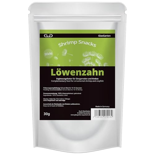 GlasGarten Shrimp Snacks Löwenzahn | 30g – relativ schneller Zerfall = kein Futterstress, aus 100% Löwenzahnkraut (getrocknet), Ergänzungsfutter mit Vitaminen & Mineralstoffen von GlasGarten