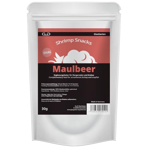 GlasGarten Shrimp Snacks Maulbeer | 30g – relativ schneller Zerfall = kein Futterstress, aus 100% Maulbeerblättern (getrocknet), Ergänzungsfutter mit viel Kalzium & Magnesium von GlasGarten