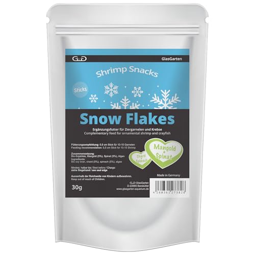 GlasGarten Shrimp Snacks Snow Flakes Mangold + Spinat | 30g – Nuggets schnell zu kleinen Flocken zerfallend, aus 90% Bio-Sojakleie, 10% Mangold & Spinat von GlasGarten