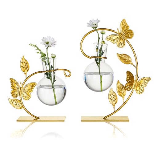 Glasseam Glas-Terrarien-Anzuchtstationen: Einzigartige Schmetterlingspflanzgefäße für Zimmerpflanzen, goldene süße Blumenzwiebel-Hydrokultur-Pflanzgefäß-Vasen, Pflanzen-Anzuchtstation Gläser für von Glasseam