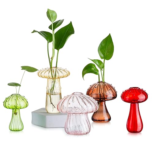 Glasseam Pilz-Glas-Pflanzgefäß, Set mit 5 farbigen Pflanzenvermehrungsstationen, Mini-Terrarium für Pflanzen, einzigartige kleine Glasvase für Blumen, niedliche Hydrokultur-Pflanzgefäße, Geschenke für von Glasseam