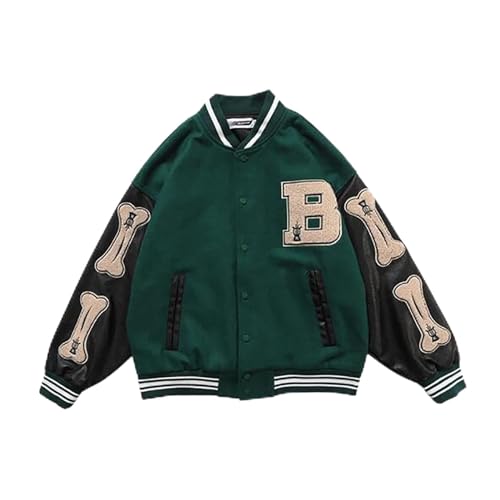 Herren Frühjahr/Herbst Baseballjacke Universität Par Coat Button Patchwork Atmungsaktive Jacke Für Jungen (Color : Green, Size : Large) von Glenmi