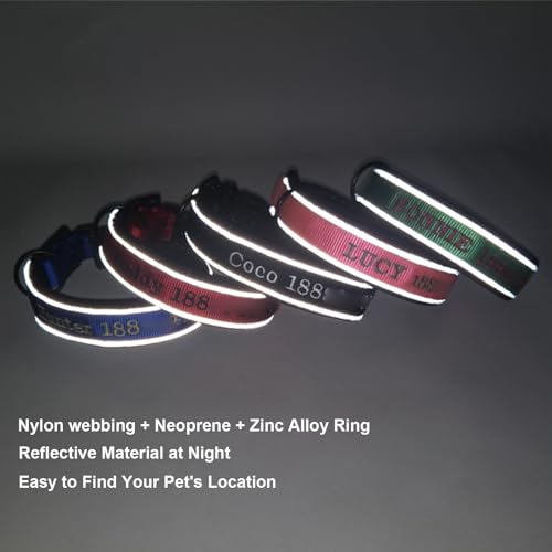 Personalisiertes Hundehalsband mit Namen und Telefonnummer – Reflektierendes, Besticktes Halsband | Weiches Nylon, verstellbar | Mehrere Farben for Haustiere(Red,S) von Glenmi