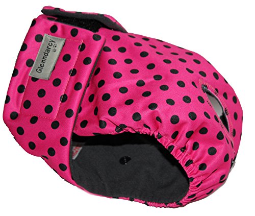 Glenndarcy Weibliche Hundewindeln - Wasserdichtes Stoff (Pink Black Dots Extra Small Pants & 2 Washable Pads) von Glenndarcy
