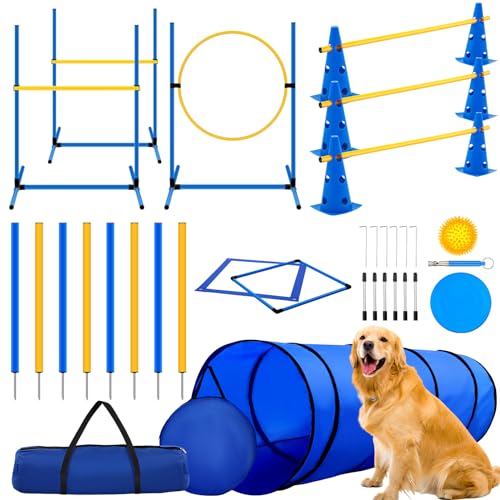 Glimin Agility-Trainingsgeräte für Hunde, inklusive Hundetunnel, Hindernislauf, Hinterhof-Set, Agility-Sprünge, Fliegenscheibe, Quietschball für Hunde und Agility-Hürden-Kegel-Set mit Taschen, 22 von Glimin
