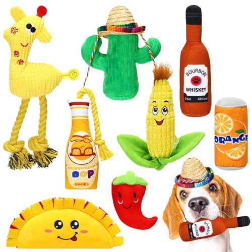 Glimin Mexikanisches Quietsch-Plüschspielzeug, 8 gefüllte Kauspielzeuge, 1 Sombrero-Hut, lustiges gefülltes Kauspielzeug, interaktives, lustiges Hundespielzeug mit Quietscher für kleine und von Glimin