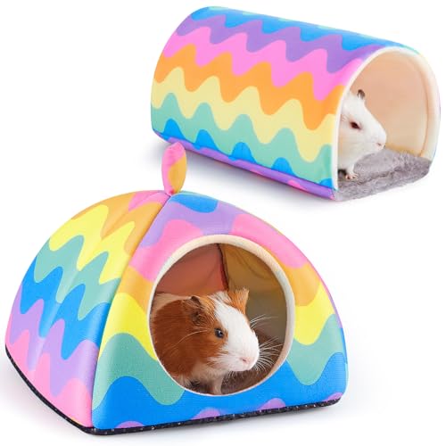 Glittme Meerschweinchenversteck Weiches Bett und Tunnel, 2 Pack Waschbarer Tunnel mit Hauszubehör für Kleintiere von Glittme