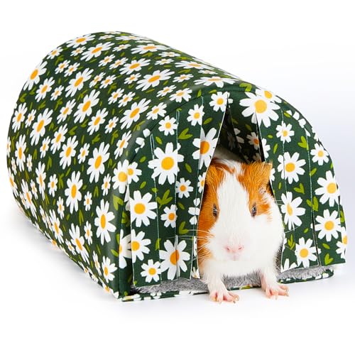 Glittme Meerschweinchenversteck mit Vorhang und Tunnel - Weiches Bett mit Kissen - Geeignet für Meerschweinchen, Hamster, Chinchilla, Häschen - Dunkelgrüne Blumen von Glittme