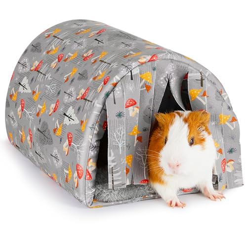 Glittme Meerschweinchenversteck mit Vorhang und Tunnel - Weiches Bett mit Kissen - Geeignet für Meerschweinchen, Hamster, Chinchilla, Häschen - Graue Pilze von Glittme