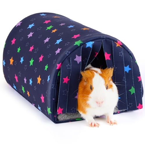 Glittme Meerschweinchenversteck mit Vorhang und Tunnel - weiches Bett mit Kissen - geeignet für Meerschweinchen, Hamster, Chinchilla, Häschen - Blaue Sterne von Glittme