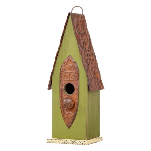 Glitzhome Hängendes Vogelhaus im Vintage-Stil, grünes Massivholz, wetterfest, rustikale Dekoration für Garten/Terrasse, fertig zum Aufhängen, 33,7 cm von Glitzhome
