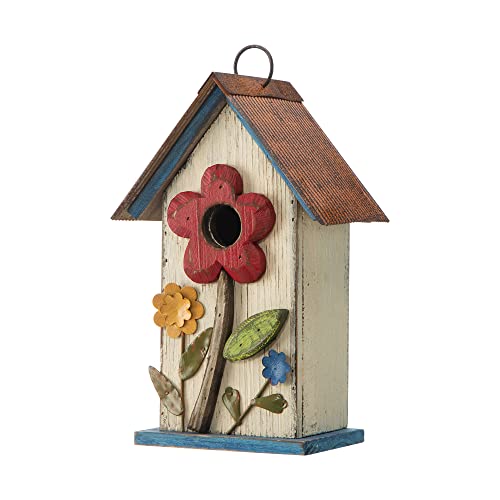 Glitzhome Vintage Vogelhaus mit 3D Blumen – Vogelfutterhaus aus Massivholz in gewaschenem Weiß wetterfest rustikales Dekor für Terrasse/Balkon – fertig zum Aufhängen (26,0 cm) von Glitzhome