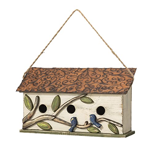 Glitzhome Vogelhaus zum Aufhängen, 39,9 cm, für Terrasse, Garten, dekorativ, für Haustiere, Landhaus, aus Holz, mit 3D-Baum und Vogel, Weiß von Glitzhome