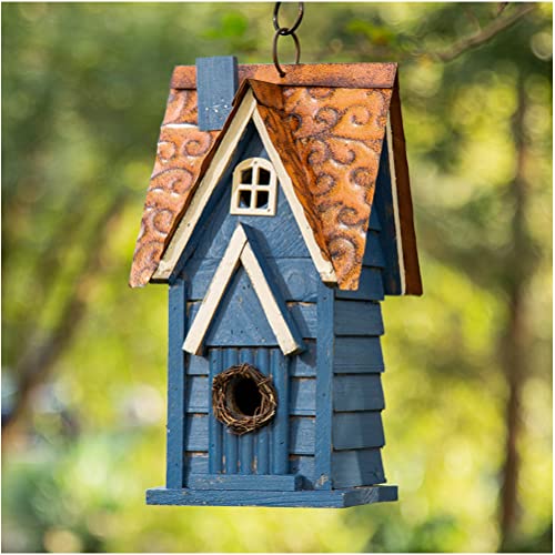 glitzhome 30,5 cm H Retro Blau Used-Look Massivholz Cottage Vogelhaus Hängendes Vogelhaus für den Außenbereich von Glitzhome