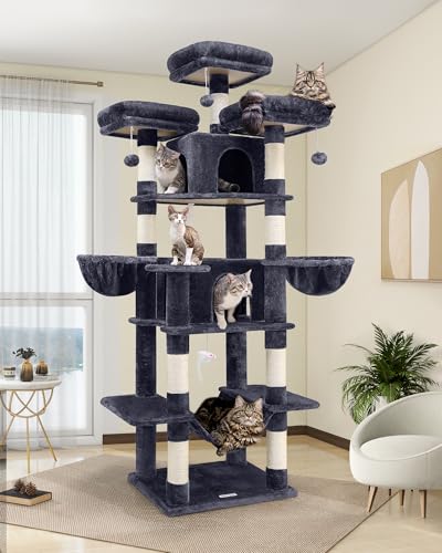 Globlazer F80 Big Cat Tree, 203.2 cm Katzenturm für Indoor Katzen Mehrere Erwachsene Katzen XXL Katzenbaum Großer Katzenturm mit Kratzbaum, Hängematte, 3 Sitzstangen, 2 Höhlen, 2 Hängekorb, Dunkelgrau von Globlazer