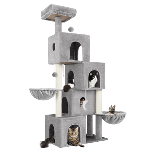 Globlazer FC61 Katzenhütten für Indoor-Katzen, großer Erwachsenen-Katzenbaum, 155 cm, Katzenkletterturm mit 4 Katzenhütten, Katzenkletterer für große Katzen, Weiß / Blau von Globlazer