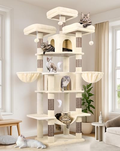 Globlazer Kratzbaum Beige Große XXL hoch 204 cm mit 3 Gepolsterte Sitzstangen, 2 Katzenhaus, 2 Korb, Hängematte, Luxus Katzenbaum Stabil für Große Katzen Mehrkatzen Ausruhen Spielen (F80, Beige) von Globlazer