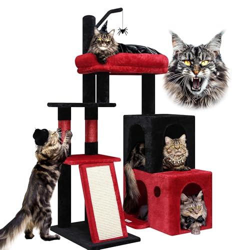 Globlazer Kratzbaum Gotisch Schwarz Rot Stabil mit 2 Groß Basis, 2 Katzenhaus 90° Drehbares, Gepolsterte Plattform, Sisal Kratzbrett, Katzenbaum für Katzchen Große Katzen Senioren (F50, Gotisch) von Globlazer