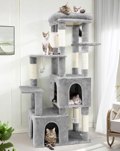 Globlazer Kratzbaum Groß, Katzenbaum Stabil 156 cm hoch mit 2 Große Katzenhaus, Gepolsterte Sitzstangen Plattform, Sisal Kratzsäulen, Katzenspielzeug, Katzenturm für Große Katzen (F61, Hellgrau) von Globlazer