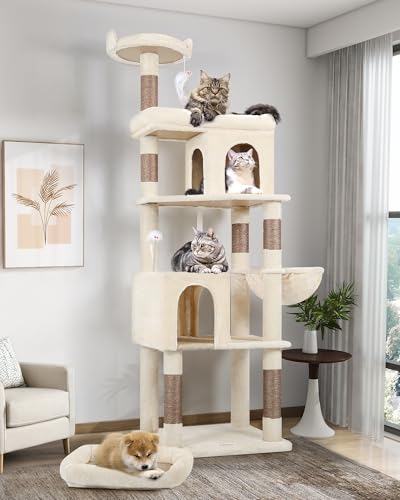 Globlazer Kratzbaum Groß Beige, Katzenbaum 183 cm hoch mit Großer Liegefläche Katzenhöhlen Sitzstangen Katzenspielzeug, Aktivitätskratzbäume Stabil für Maine Coon bkh Große Katzen (S72, Beige) von Globlazer