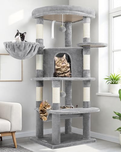 Globlazer Kratzbaum Große, Kratzbaum Stabil Ecke mit Groß Katzenhaus 90° Sektor Gepolsterte Plattform Hängematte Weich Korb, Katzenbaum hoch 130 cm für Mehrere Groß Katzen (C51, Hellgrau) von Globlazer