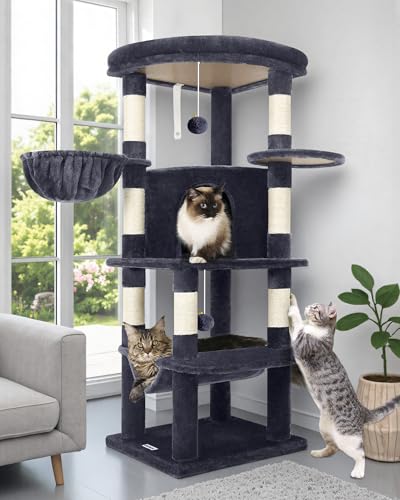 Globlazer Kratzbaum Große, Kratzbaum Stabil Passform Ecke mit Groß Katzenhaus 90° Sektor Gepolsterte Plattform Hängematte Weich Korb, Katzenbaum hoch 130 cm für Mehrere Groß Katzen (C51, Dunkelgrau) von Globlazer