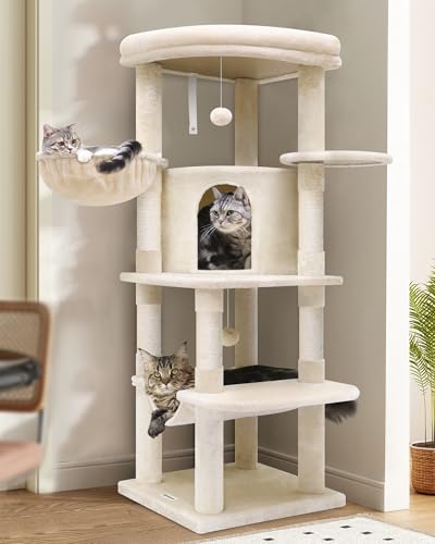 Globlazer Kratzbaum Große, Kratzbaum Stabil Passform Ecke mit Groß Katzenhaus 90° Sektor Gepolsterte Plattform Hängematte Weich Korb, Katzenbaum hoch 130 cm für Mehrere Groß Katzen (C51, Beige) von Globlazer