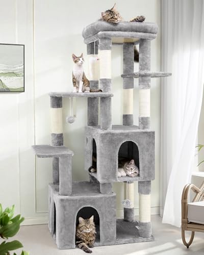 Globlazer Kratzbaum Groß, Katzenbaum Stabil 156 cm hoch mit 2 Große Katzenhaus, Gepolsterte Sitzstangen Plattform, Sisal Kratzsäulen, Katzenspielzeug, Katzenturm für Große Katzen (F61, Hellgrau) von Globlazer