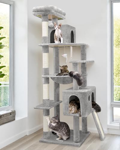 Globlazer Kratzbaum Große hoch 178 cm mit Hängematte Weich, Katzenhaus, Gepolsterte Sitzstangen, Kratzrampe Sisal, Katzenbaum Stabil für Große Katzen Mehrere Erwachsene Innen (F70 Pro, Hellgrau) von Globlazer
