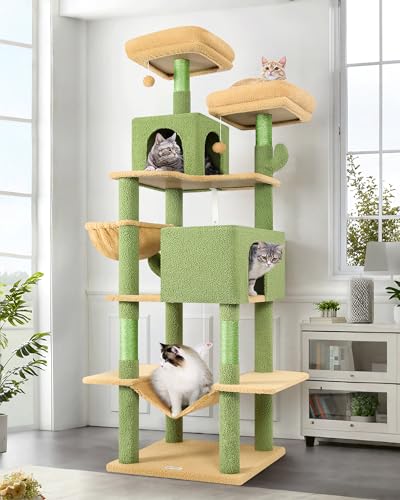 Globlazer Kratzbaum Kaktus Grün, Kratzbaum XXL Große hoch 195 cm mit 2 Katzenhaus, 2 Gepolsterte Sitzstangen, Hängematte, Korb, Katzenbaum Große Katzen Stabil Maine Coon Britisch Kurzhaar (F76, Grün) von Globlazer