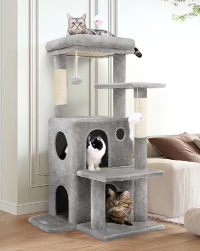 Globlazer Kratzbaum Katzenbaum mit 2 Geräumigen Höhle, Gepolsterte Plattform, Sisal Kratzsäulen, Plüsch Katzenspielzeug, Stabil Katzenturm 127 cm hoch für Babykatzen Große Katzen (FC50, Hellgrau) von Globlazer