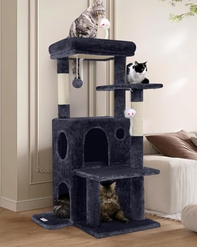 Globlazer Kratzbaum Stabil mit Große Basis Katzenhaus Gepolsterte Plattform Plüsch Spielzeug, Katzenbaum 127 cm hoch für Große Katzen Senioren Ausruhen Spielen Kratzen Innen (FC50, Dunkelgrau) von Globlazer
