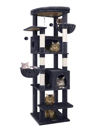 Globlazer Kratzbaum XXL, Katzenbaum hoch 188 cm mit 2 Katzenhaus,2 Katzenkorb, Gepolsterte Plattform, Plüsch Katzenspielzeug, Stabil Katzenturm für Große Katzen Innen (S74, Dunkelgrau) von Globlazer