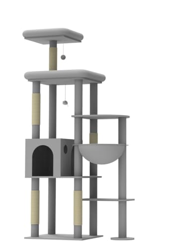 Globlazer Kratzbaum für Groß Katzen Stabil mit Dicker Stamm Plattform Gepolsterte Sitzstangen Katzenhaus Korb, Katzenbaum hoch 167cm für Erwachsene Maine Coon Ragdoll bkh Katzen (F65B, Dunkelgrau) von Globlazer