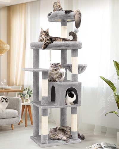 Globlazer Stabiler Kratzbaum, 172,7 cm, großer Katzenturm für erwachsene Katzen, 9 kg, robuster Kratzbaum für große Katzen, mit extra großer Plattform, 5 Kratzstämme, S68, Hellgrau von Globlazer