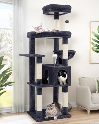 Globlazer Stabiler Kratzbaum, 172,7 cm, großer Katzenturm für erwachsene Katzen, 9 kg, robuster Kratzbaum für große Katzen, mit extra großer Plattform, 5 Kratzbäume, S68, Dunkelgrau von Globlazer