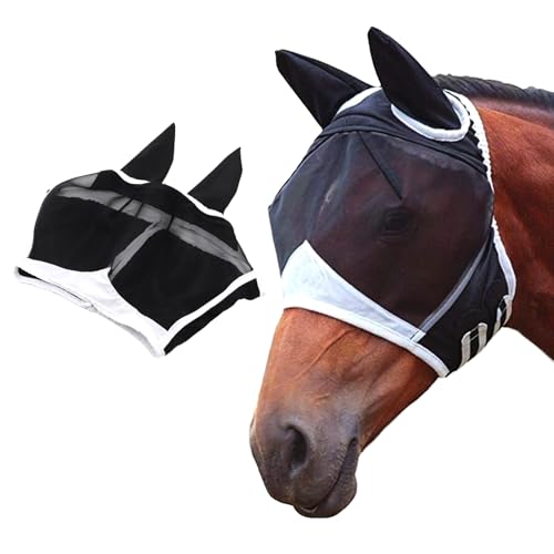 Fliegenmaske, Fliegenmaske Pferd, Gloryit Pferdefliegenmaske, Fliegenmaske UV-Schutz mit Ohrenschutz, Fliegenmaske Pferd UV Schutz (M, Schwarz) von Gloryit