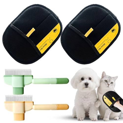 Kombi-Set aus Handschuhen und Kamm für Haustiere, Gloryit 2 stück Pet Hair Remover Glove, 2 Stück Flohkamm und Pflegekamm für Katzen und Hunde, Haustier-Haarentferner-Handschuhe, Feinzahniger Hundekam von Gloryit