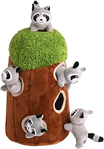 Glow Pups Hunde-Puzzle-Plüschtierbaum mit quietschenden Waschbären, interaktiver Versteckspaß, fördert geistige Stimulation, große Größe, braun/grauer Plüsch, 5er-Pack (Waschbär im Baum, groß) von Glow Pups