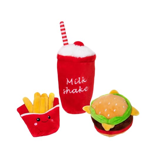 Glow Pups Food Parodie Spielzeug für Hunde, Fast Food Shaped Dog Toys, Hundespielzeug mit Quietscher, Welpenspielzeug, Pommes Frites Hundespielzeug (Hamburger, Pommes Frites und Milchshake 3 Pack) von Glow Pups