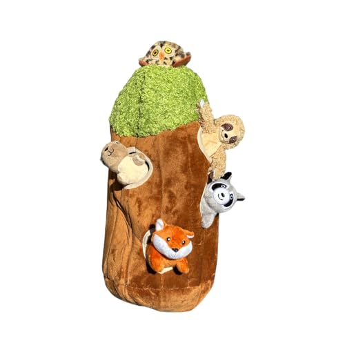 Waschbär im Baum Versteckspiel Hundespielzeug für kleine und mittelgroße Hunde, Plüsch Eichhörnchen im Stamm Hundespielzeug mit Quietscher, interaktives Burrow Hundespielzeug (Großer Baum mit von Glow Pups