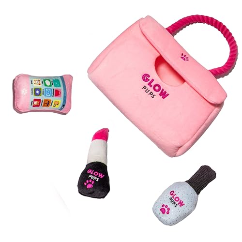 Glow Pups Hide and Seek Hundespielzeug, rosa Geldbörse, Plüsch-Hundespielzeug mit Quietscher, Knistermaterial & Seilgriff, interaktiver Plüsch-Lippenstift, Handy & Nagellack-Spielzeug für kleine Hunde von Glow Pups