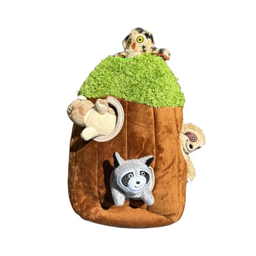 Animals in Tree Hide & Seek Hundespielzeug für kleine und mittelgroße Hunde – Plüschtiere im Stamm mit Quietscher, interaktives Burrow Spielzeug (mittelgroßer Baum mit Waschbär, Eichhörnchen, Faultier von Glow Pups