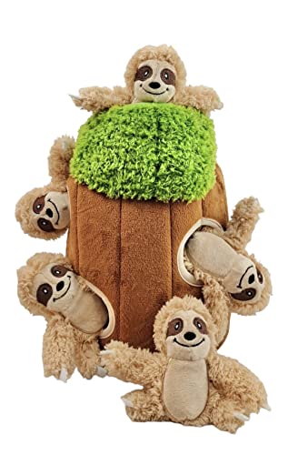 Glow Pups Faultier im Baum Versteckspiel Hundespielzeug für kleine und mittelgroße Hunde, Plüsch-Faultier im Kofferraum Hundespielzeug mit Quietscher, interaktives Burrow Hundespielzeug (Baum mit von Glow Pups